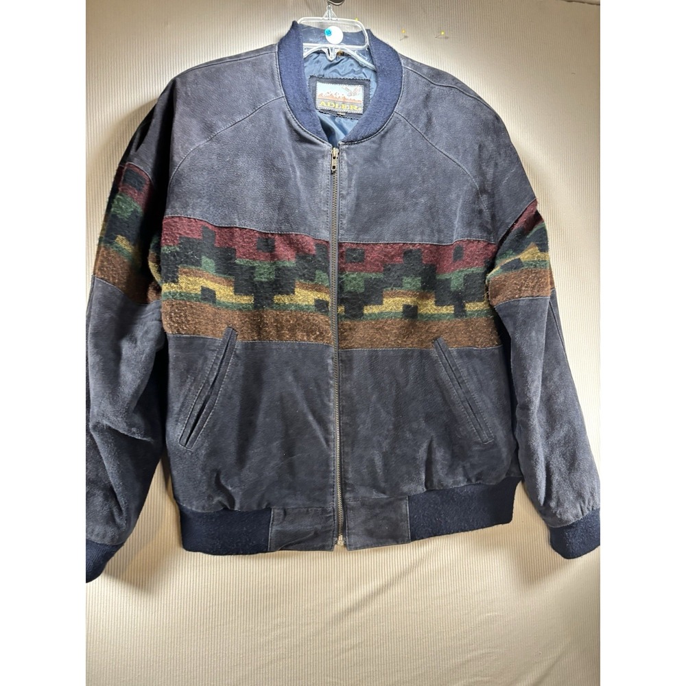 Vtg 90s Adler Genuine Suede Aztec Bomber Jacket Men's Large Blue Southwestern